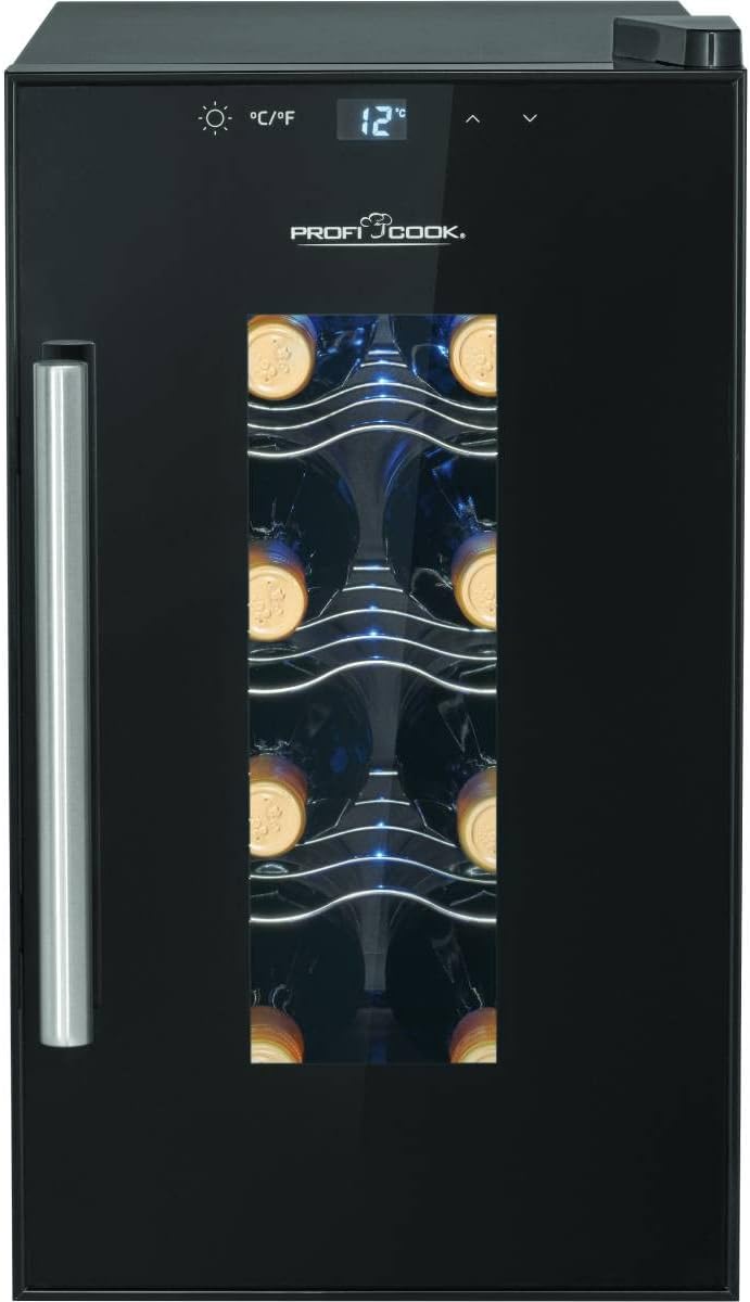 ProfiCook® PC-WK 1232 Wine Fridge for 6 Bottles, Drinks Fridge with UV-Resistant Glass Door, Wine Cooler with LED Lighting and 3 Storage Levels, 2 of which are Removable, Range: 11-18°C, 17L