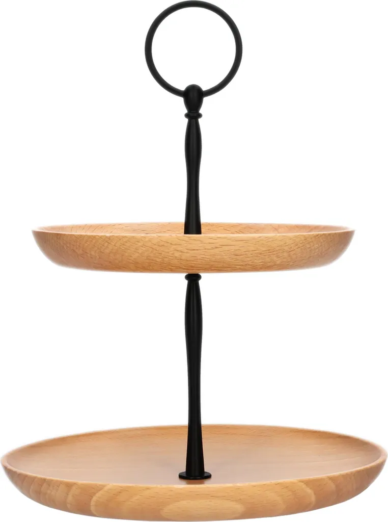 QUVIO Tiered Serving Tray - Serving Trays - Tall Tea Trays - Presentation Trays - Wood and Steel - Brown - Diameter 18 cm - 2 Tiers