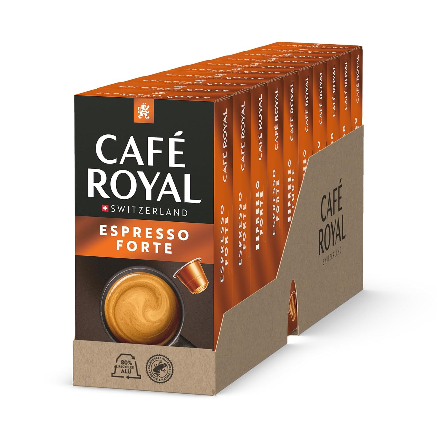 Café Royal, Espresso Forte, 100 Nespresso (R) Compatible Capsules, 80% Recycled Aluminum, Rainforest Alliance Certified, 100% Arabica Coffee, Intensity 9