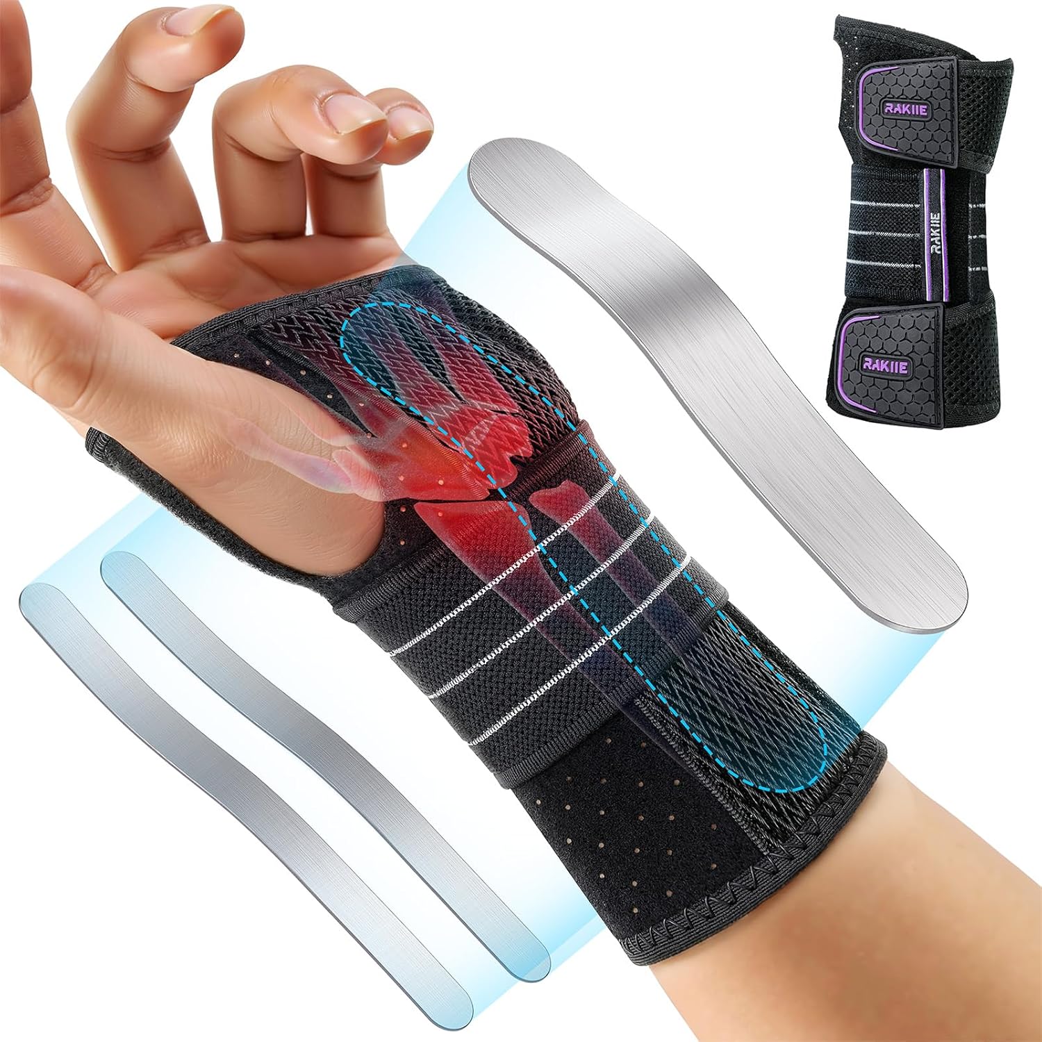 Rakiie Wrist Support, Adjustable Night Wrist Support with 3 Metal Splints, Hand Splint for Men and Women, No Pressure on Thumb, Splint Stabilizer, Purple, Left Hand, L