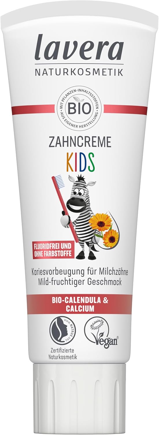 lavera Toothpaste Kids Fluoride Free – No Dyes – Protects Milk Teeth – Mild Fruity – Organic Calendula & Calcium – Vegan – 75 ml