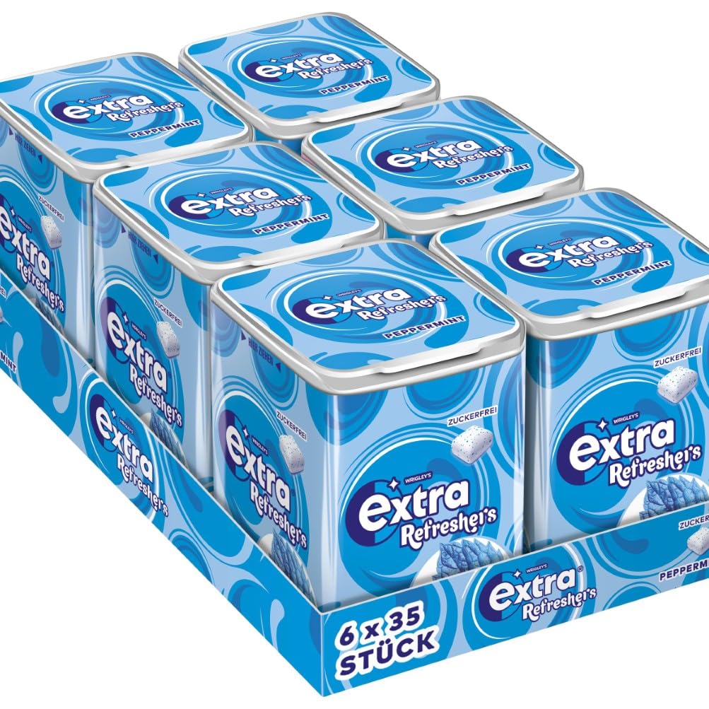 EXTRA Store Extra Refreshers Chewing Gum, Sugar-Free, Peppermint Gum, 6 x 35 Dragees, Bulk Pack Chewing Gum, Xylitol Chewing Gum without Sugar with Mint Freshness (210 Dragees)