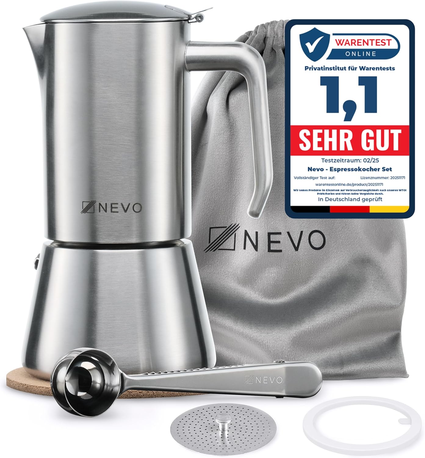 NEVO Espresso Maker Induction Stainless Steel | 6 cups, BPA free & sustainable | For All Types of Stoves & Camping, Dishwasher Safe | Premium Set Mocha Pot - Stylish for Real Coffee Lovers