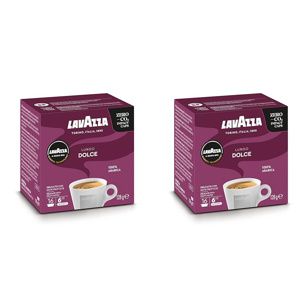 Lavazza, A Modo Mio Lungo Dolce, 1 Pack of 16 Coffee Capsules with Aromatic Notes of Dried Fruits, 100% Arabica, Intensity 6/13, Medium Roast (Pack of 2)