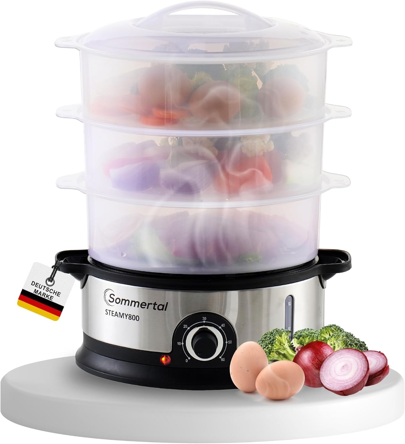 Sommertal STEAMY 800 Electric Steamer, 16 L XXL Steam Pot, 1200 ml Water Container, 800 W, BPA-Free, 3 Steamer Levels, 60 Minute Timer + Automatic Shut-Off, Water Level Indicator, Dishwasher Safe