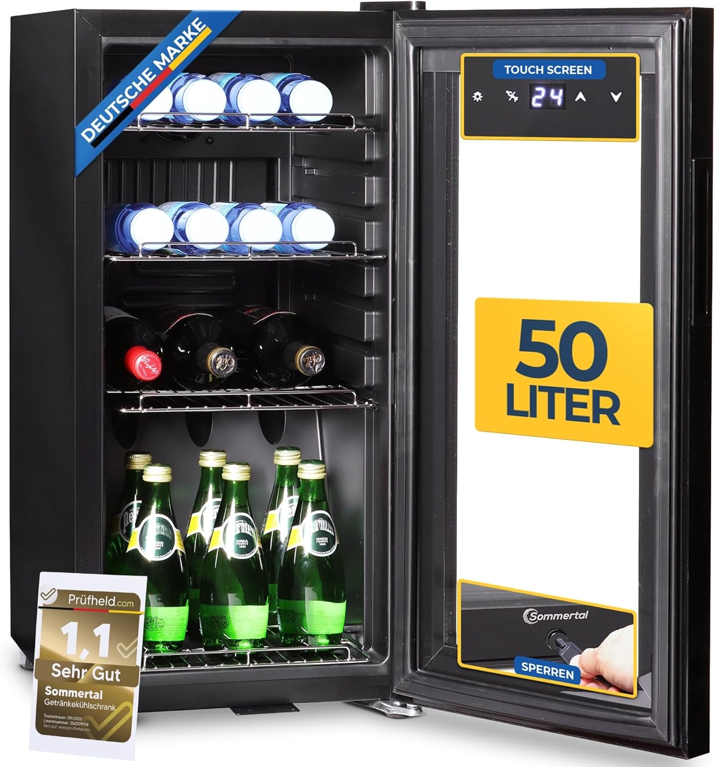Fridge with Glass Door GK50 - Quiet Drinks Fridge with LED, Touchscreen & Lock Small Bottle Fridge Black 50L
