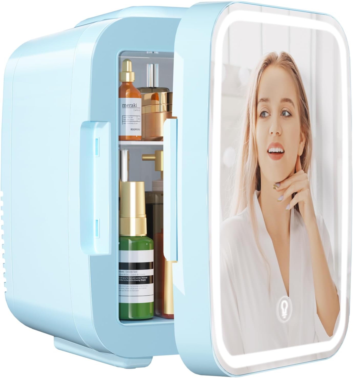 YASHE Mini Refrigerator, Skincare Fridge with LED Light Mirror, 4L Small Fridge Portable, 220V AC/12V DC Thermoelectric Heating and Cooling for Car, Office, Dorm (Blue)