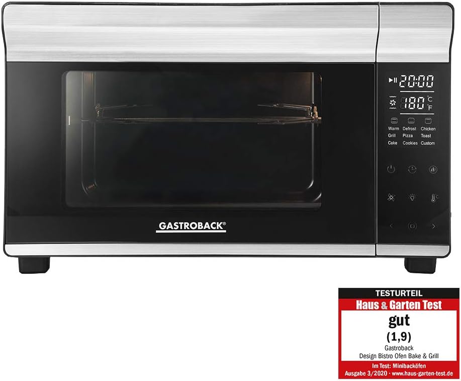 GASTROBACK Design Mini Oven Bake & Grill - Mini Oven with Convection Air Circulation, 26 L, 5 Functions at 30 °C - 230 °C, Cool Touch Housing - 30 cm Diameter Pizza Stone, Baking Tray, Grill Rack and