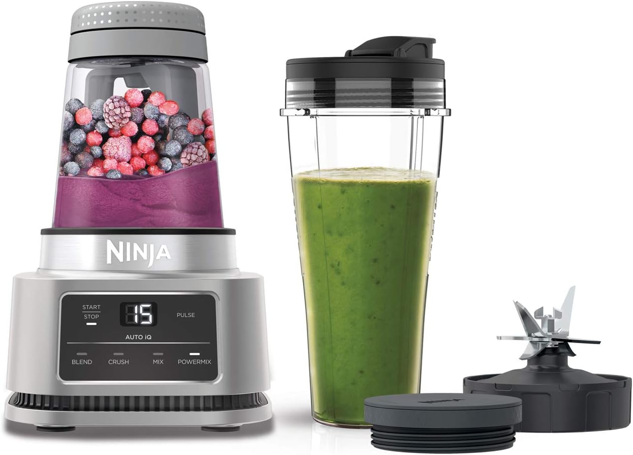 Ninja Foodi Power Nutri Mixer 2-in-1, Smoothie Bowls Maker, Thick Spreads & Frozen Drinks Mix, Automatic Programs, 700 ml Cup & 400 ml Bowl with Power Stirrer, 1100 W, Silver CB100EU