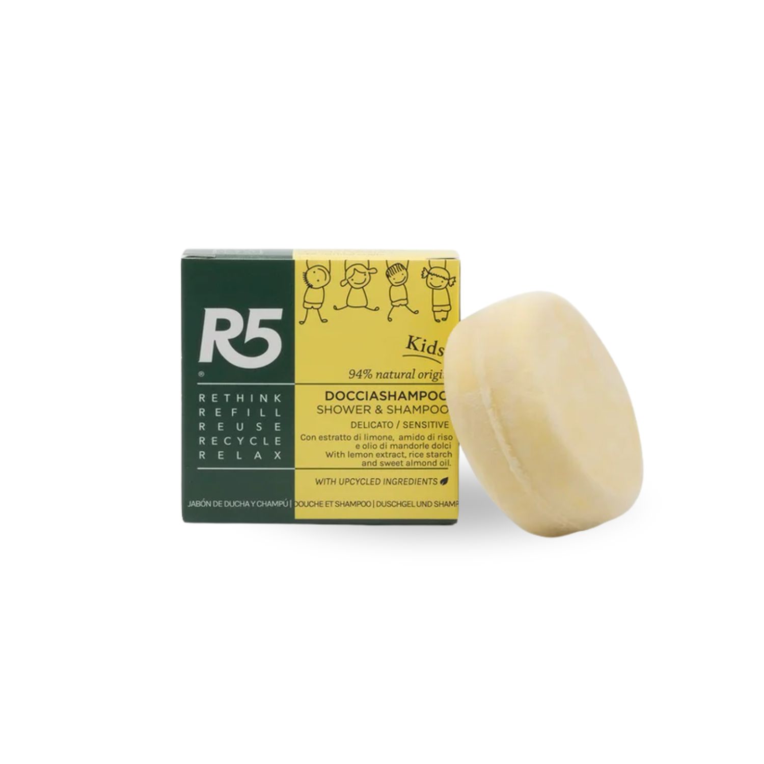 R5 Solid Shower Shampoo for Children, 94% Natural, Crème Caramel and Vanilla Scent, Vegan