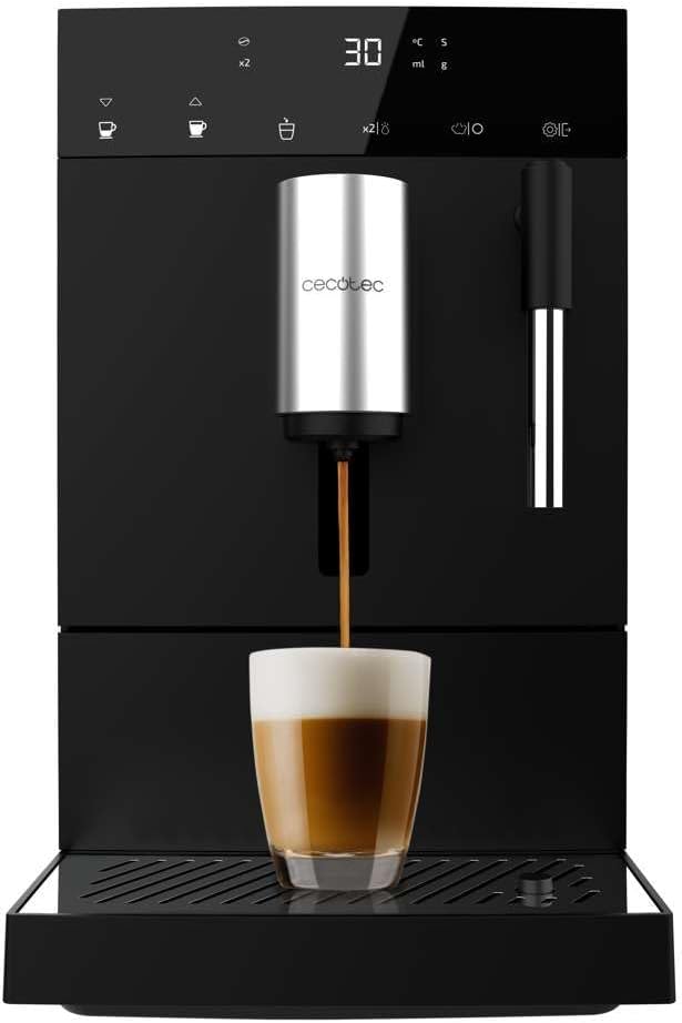 Cecotec Compact Steam coffee machine with automatic milk frother. 1350W, 19 bar, thermoblock system, 150g coffee bean hopper with grinder, and 1.1L water tank.