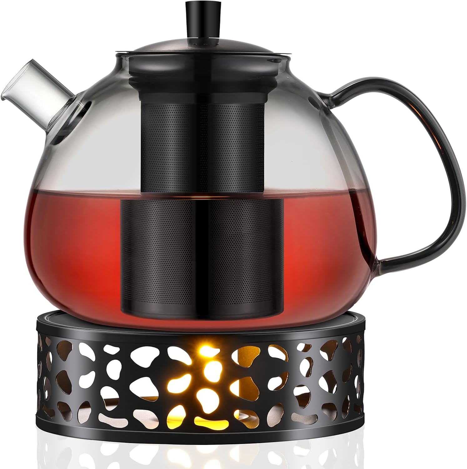 ecooe 1500 ml Black Glass Teapot Borosilicate Glass Tea Maker with Removable 18/8 Stainless Steel Strainer Rustproof Heat Resistant for Black Tea Green Tea Fruit Tea Scented Tea Tea Bags