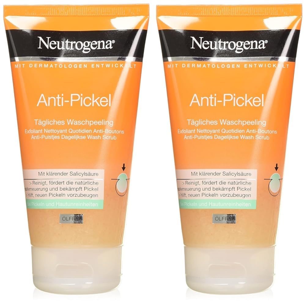 Neutrogena Anti-Pimple Wash Scrub, Exfoliant Nettoyant Anti-Boutons Anti-Puistjes Wash Scrub, with Salicylic Acid for Blemished Skin, Oil-Free, 150 ml (Pack of 2)