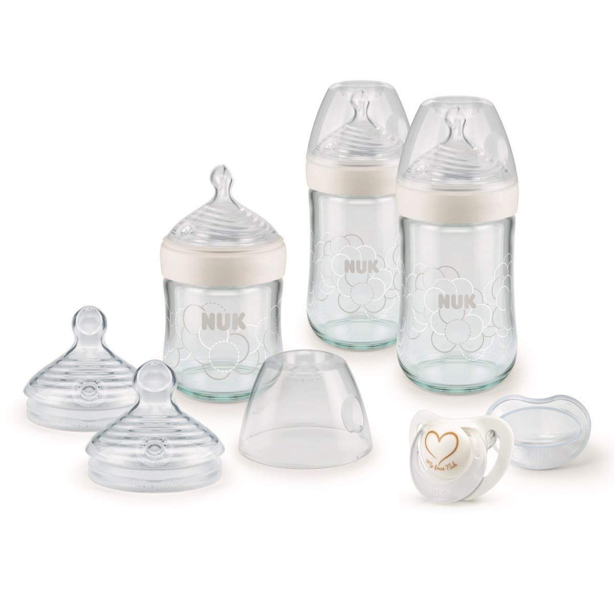 NUK 10225162 Nature Sense Glass Bottle Set, Baby Bottles Made from Glass, Bottles Teat and Genius Dummy, 0–6 Months, White