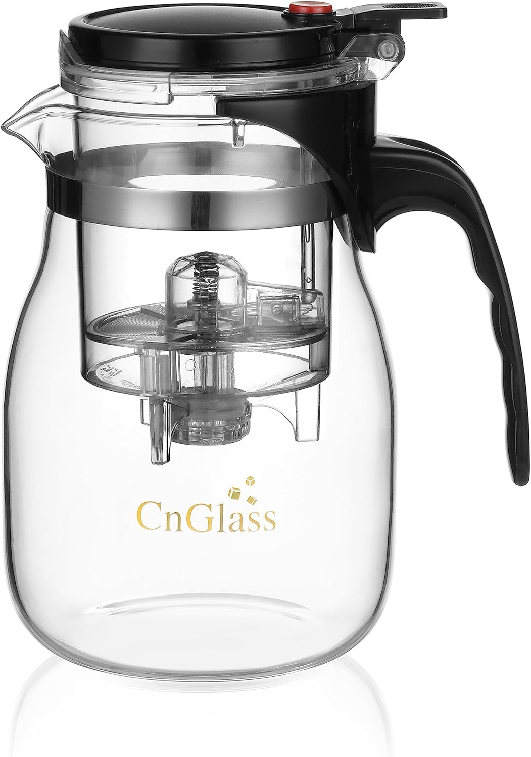 CNGLASS - Glass teapot with removable strainer, 750 ml/25 oz clear tea kettle with a push of a button to filter the tea soup, loose leaf and blooming tea maker