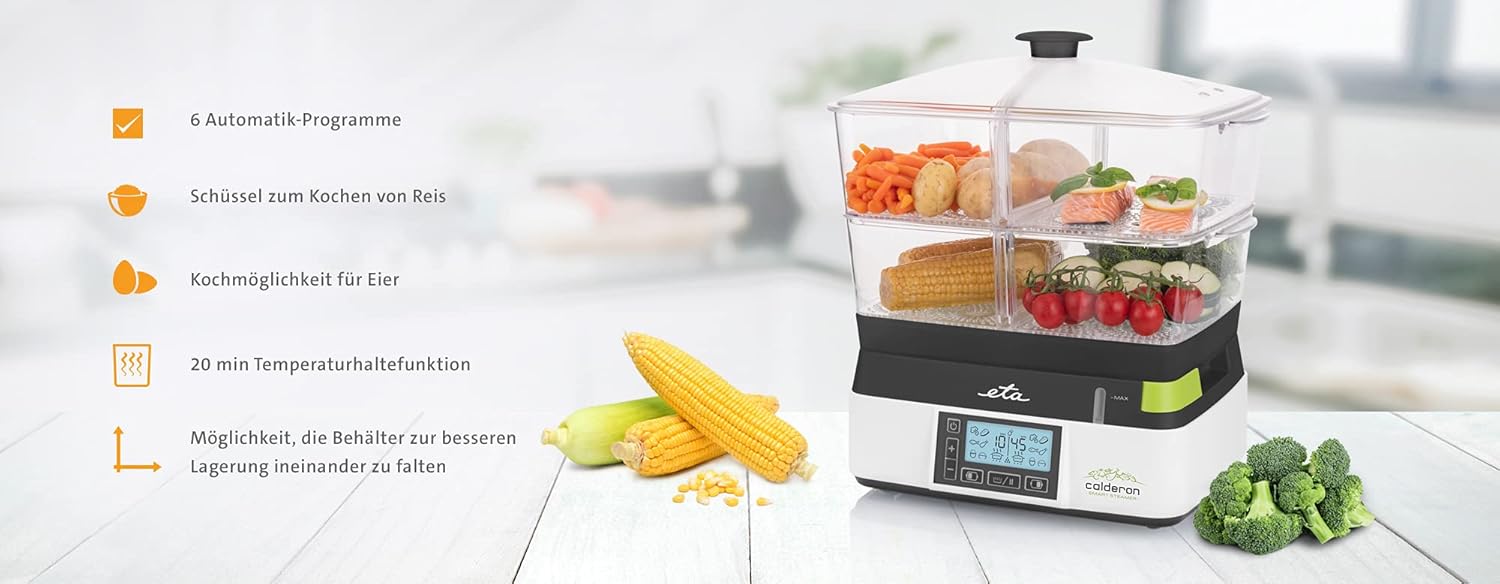 ETA Calderon Electric Steamer 2 - 2 Transparent Containers for Cooking and 6 Automatic Programs for Healthy Food Preparation, 11 L