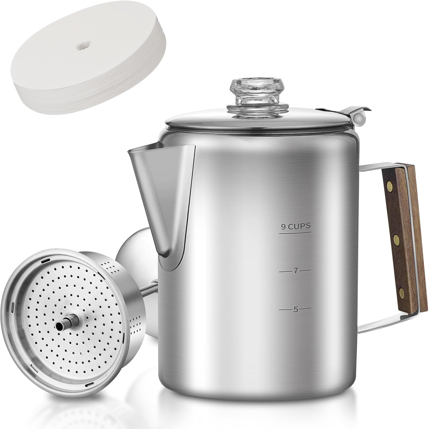 Percolator Coffee Pot, Stainless Steel, Coffee Percolator Induction with 100 Coffee Filters, 9 Cups, Durable Stainless Steel Material, Camping Coffee Pot