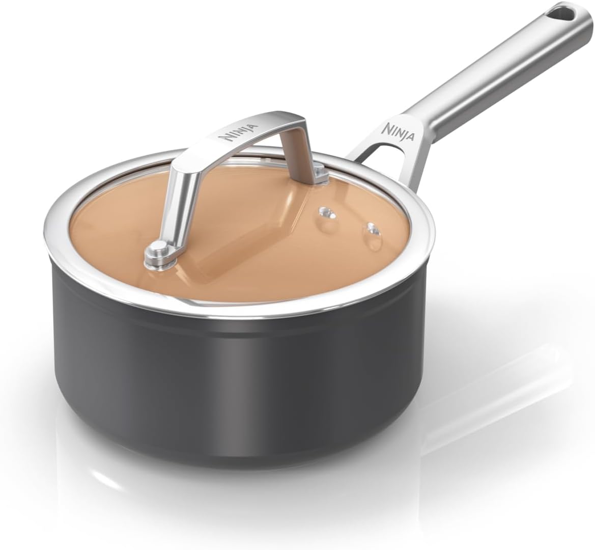 Ninja CW90216UK Non-Stick Ceramic Saucepan with Lid (No PFAs, PFOA, Lead or Cadmium) Induction Compatible, Stainless Steel Handle, Oven Safe to 285°C, Terracotta and Grey
