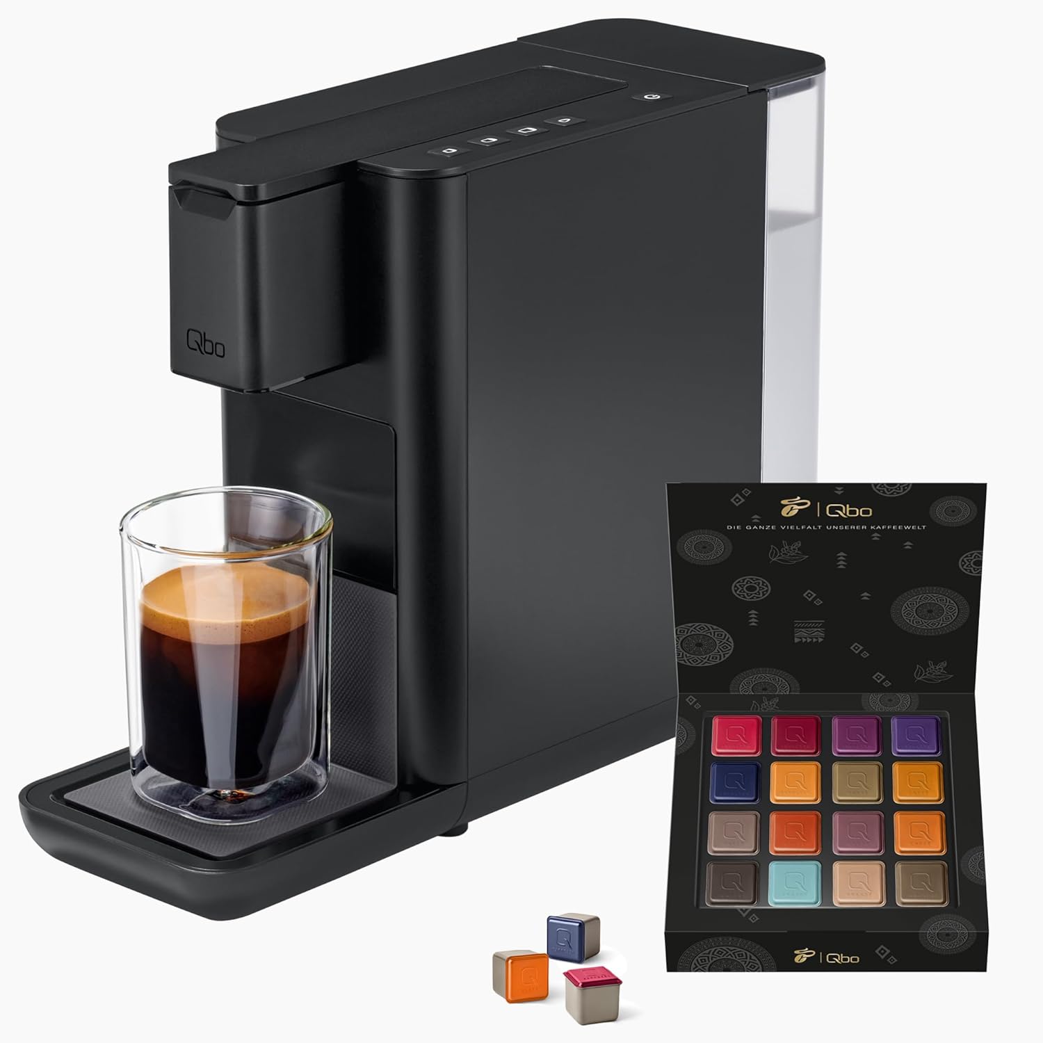 Tchibo Qbo ICONIC Premium Capsule Machine with 16 Recyclable Qbo Capsules for Espresso, Caffè and Caffè Grande, Compact, Innovative Design, Dark Chrome