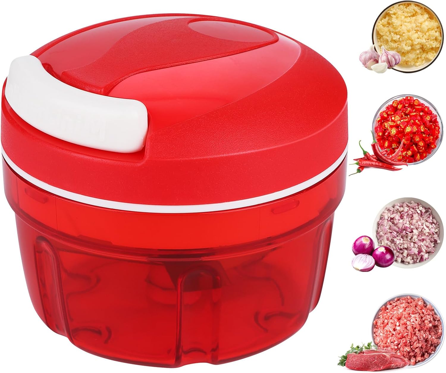 UNISOPH Manual Onion Cutter, 300 ml Onion Chopper with Stainless Steel Blades, Garlic Chopper, Food Processor for Chilli/Onions/Vegetables/Nuts/Fruit/Pepper/Meat/Garlic/Puree Foods (Red)