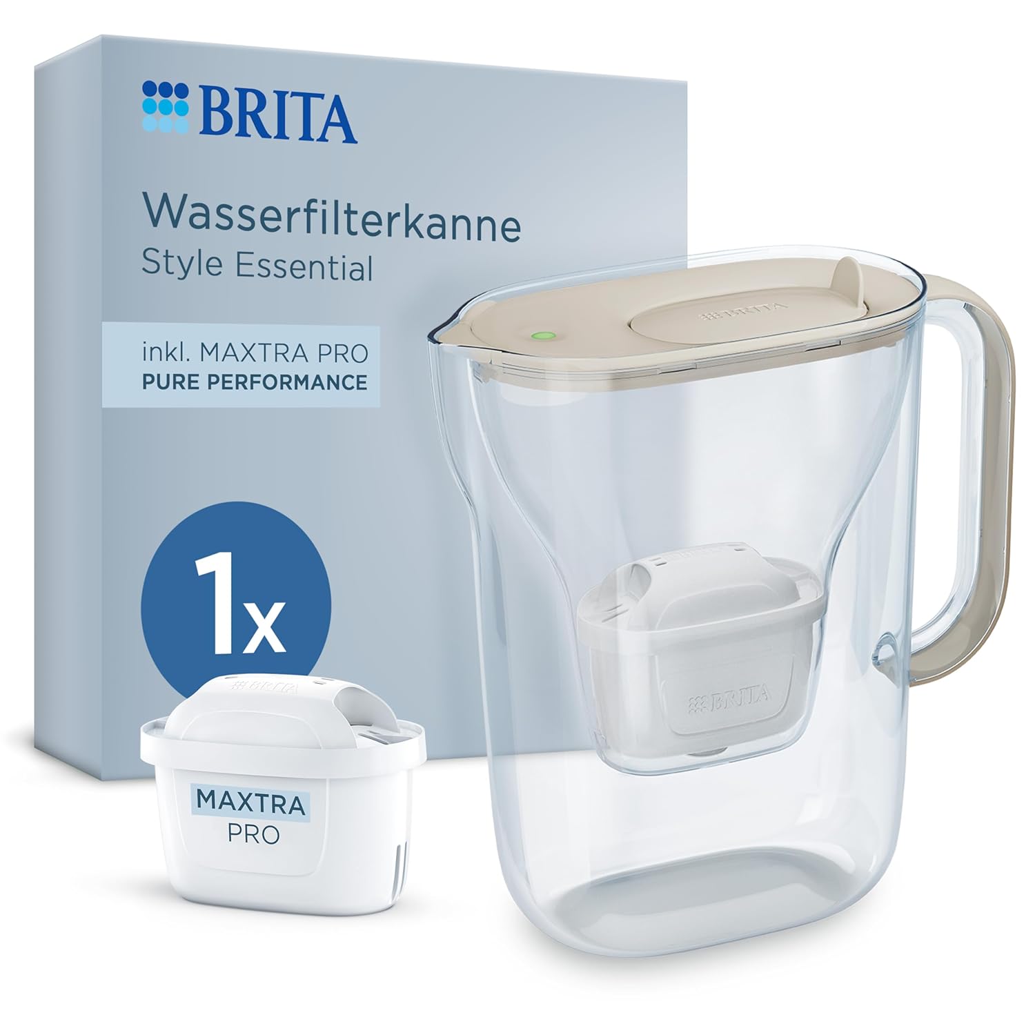 BRITA Style Essential Sand Water Filter Jug (2.4 L) Including 1 x Maxtra Pro Pure Performance - Refrigerator-Safe Filter Jug with Smart Light LED & Folding Lid, Filters Impurities & More