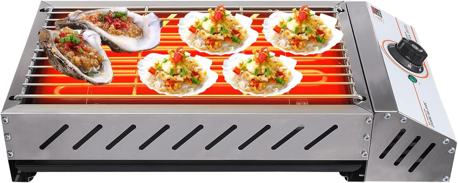 Haitiahote Electric Grill, 2500 W Table Grill, Electric BBQ Grill, 220 V, Adjustable Temperature 50-300 °C, Grill Size 42.5 x 22 cm, Easy Cleaning, 54.2 x 28 x 12 cm, Silver