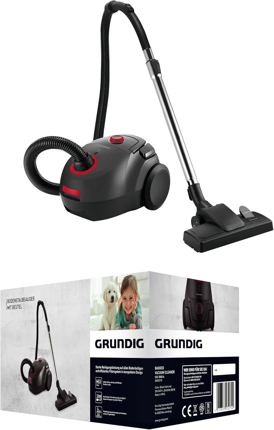 Grundig, VCC 3850 A Vacuum Cleaner with Bag, 800 W, 2.1 L, Black/Red