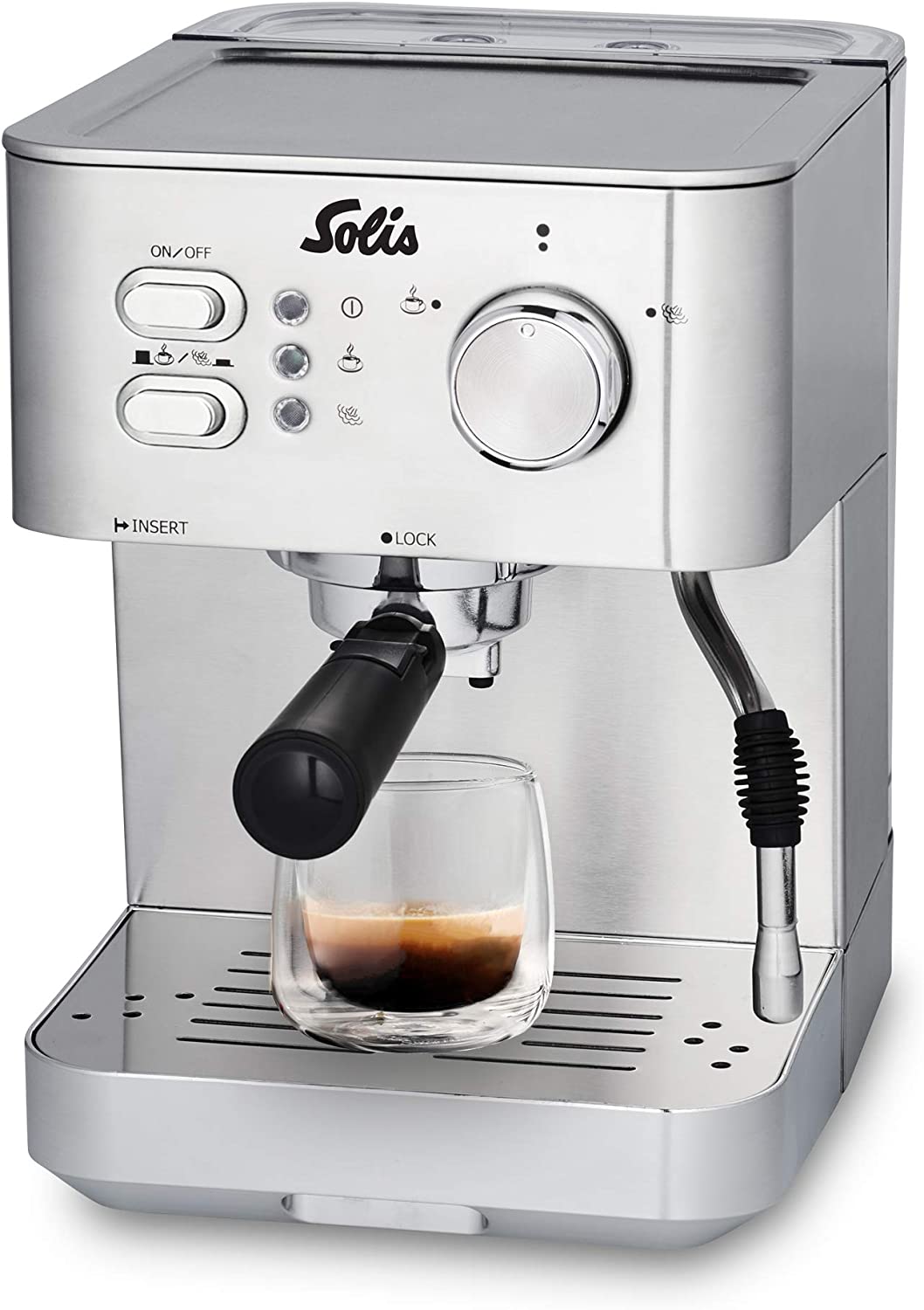 Solis Primaroma Stainless Steel Filter Holder Espresso Machine for Ground Coffee or Soft Pads Hot Steam Nozzle 15 Bar 1.5 L Water Tank