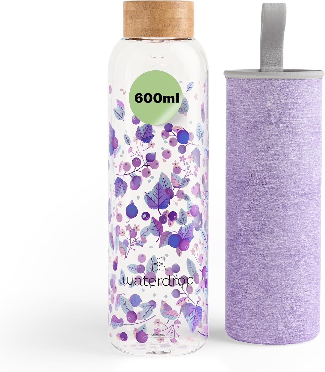 Waterdrop® Edition Glass Bottle 600 ml Leak-Proof Drinking Bottle Suitable for Carbonated Drinks, BPA-Free Water Bottle incl. Neoprene Case, Dishwasher Safe, Lightweight Borosilicate Glass Bottle