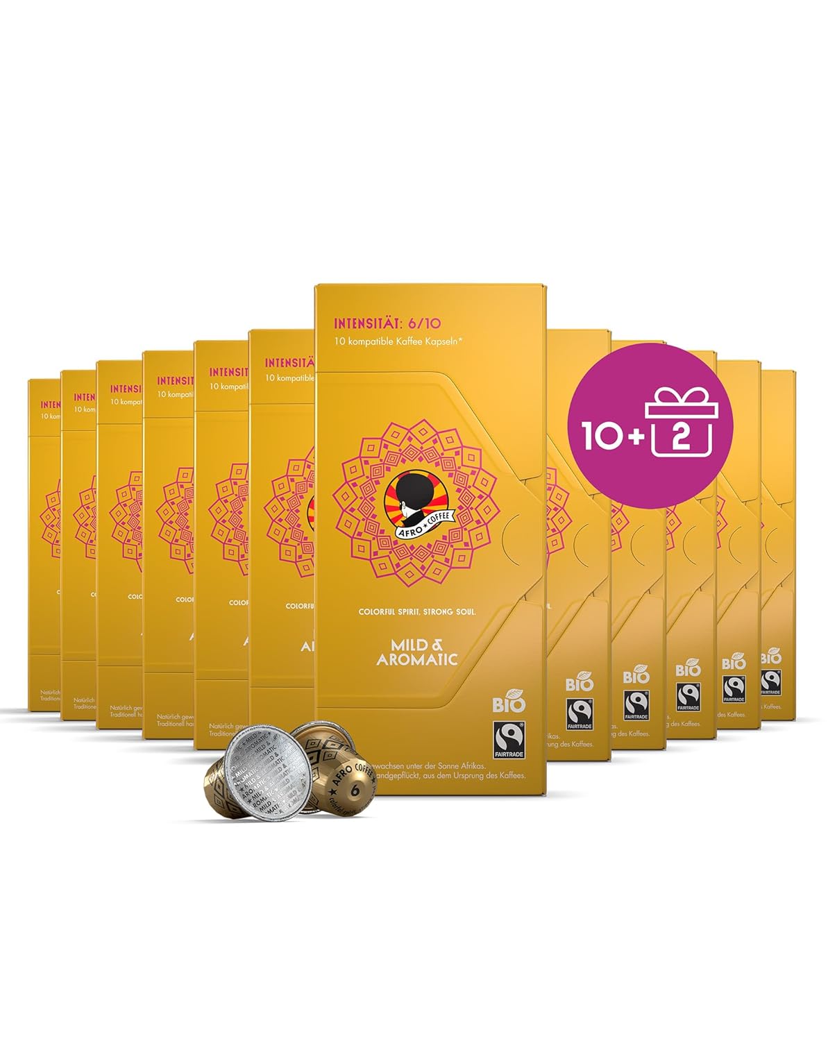 AFRO COFFEE Mild & Aromatic Organic I Offer 10+2 I 120 Premium Coffee Capsules Fairtrade I Arabica & Robusta I in Compatible Coffee Capsules I Floral Coffee from East Africa I Medium Roasted & Low Acid