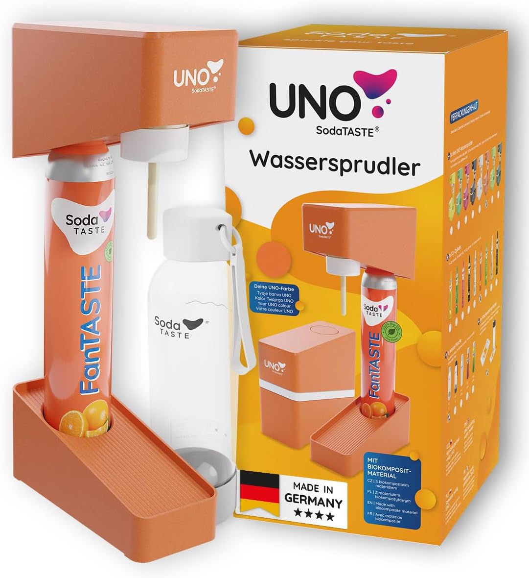 SodaTASTE Store UNO Water Carbonator - Modular & Without Electricity | Compatible with All CO₂ Cylinders with Standard Rotary Thread | Set Including 1L Water Bottle & CO₂ Cylinder (Classic/Aroma) & Bottle Dryer