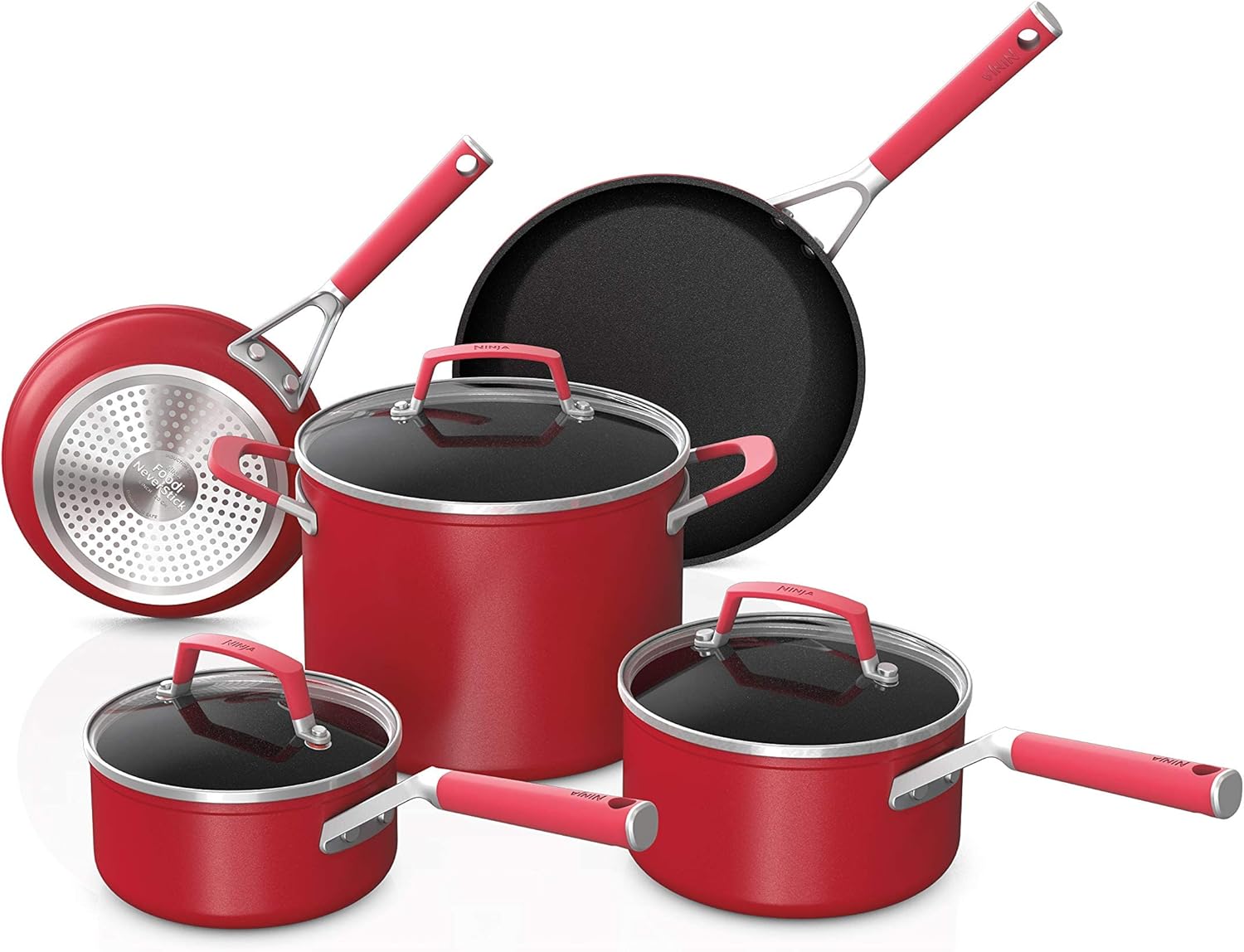 Ninja C28000 Foodi NeverStick Vivid 8 Piece Cookware Set with Lid, Non-Stick, Durable and Oven Safe up to 200°C, Cool Touch Handles, Crimson Red