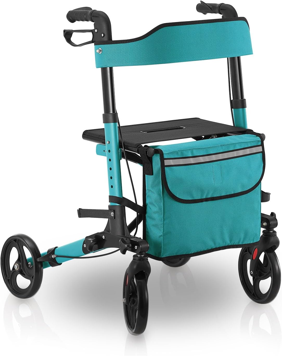 Juskys Vital Walker Petrol - Folding & Lightweight Aluminum Walking Aid up to 130 kg - Height Adjustable with Seat, Bag and Umbrella Holder
