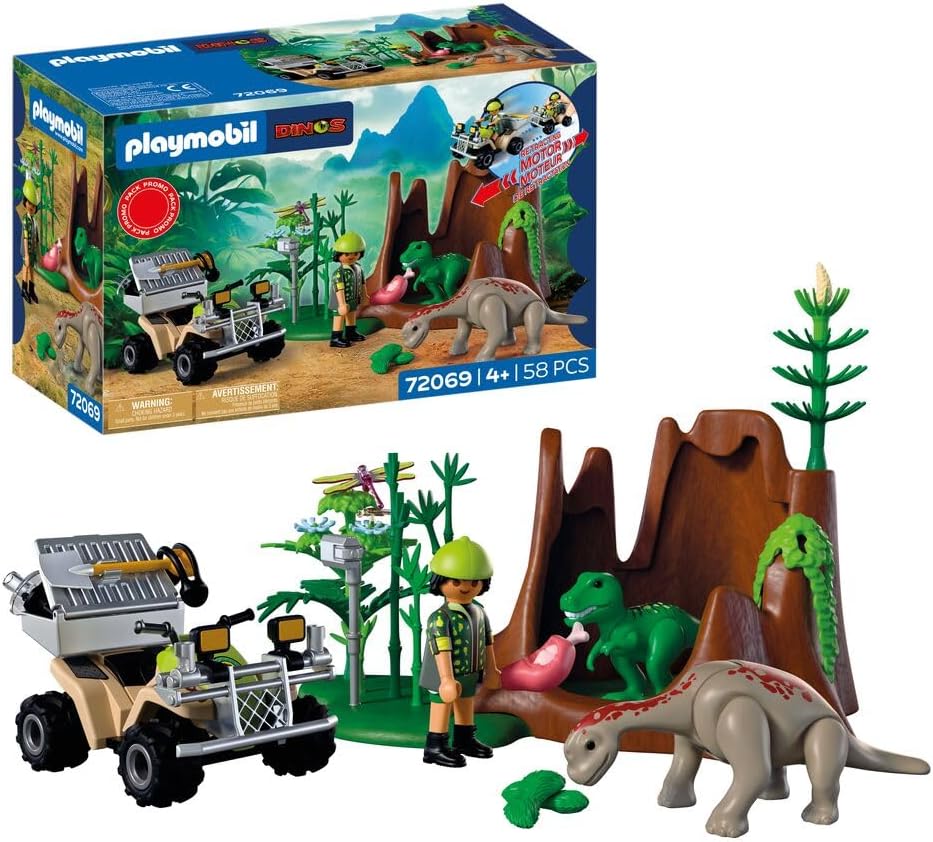 PLAYMOBIL Dinos Dino Hideout | Dino Explorer with Quad, T-Rex Baby & Brachiosaurus Baby | Children\'s Toy from 4 Years | 72069