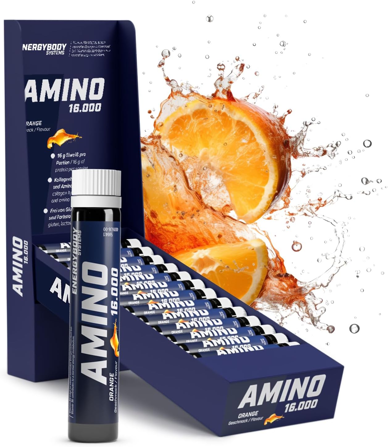 Energybody Amino Liquid 16,000 - Amino Acids Complex High Dose Liquid - 20 Ampoules of 30 ml & 16 g Protein with Arginine & Ornithine, Gluten-Free, Lactose-Free - Orange