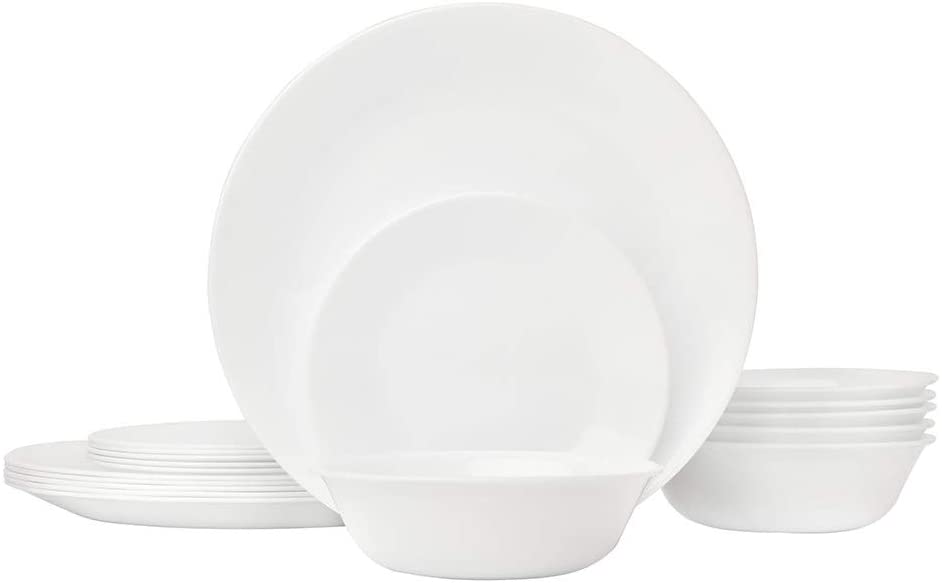 Corelle 18-Piece Vitrelle Glass Winter Frost White Chip and Break Resisitant Dinner Set, Service for 6