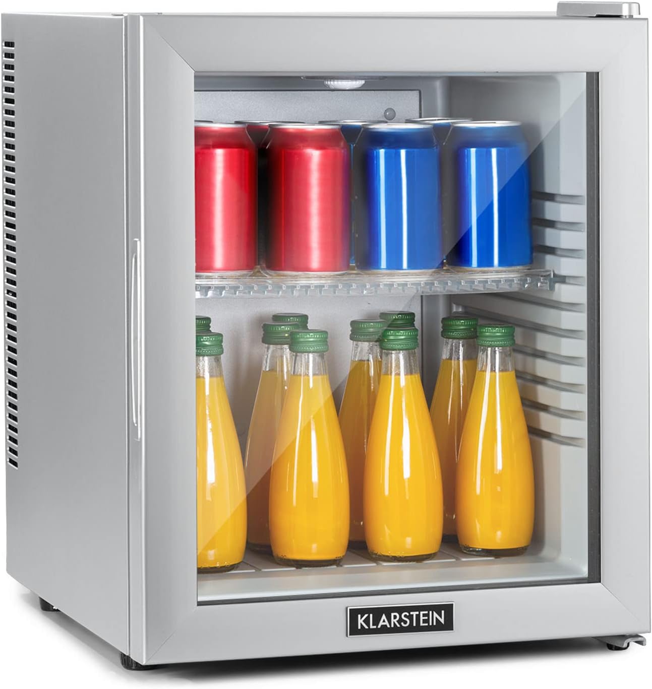 Klarstein Fridge, Mini Fridge with Glass Door, Mini Fridge for Drinks, Snacks & Cosmetics, Small & Quiet, Adjustable Shelves, Small Skincare Fridge, 12-18 °C, 32 L