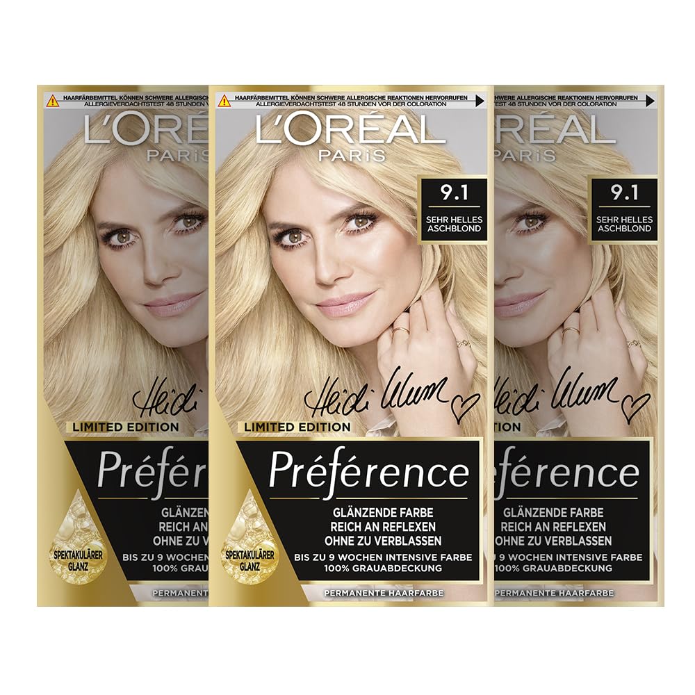 L\'Oréal Paris Permanent Hair Color, Hair Dye Set with Coloration and Shine Protect Conditioner, Préférence, 9.1 Very Light Ash Blonde (Oslo), 3-Pack