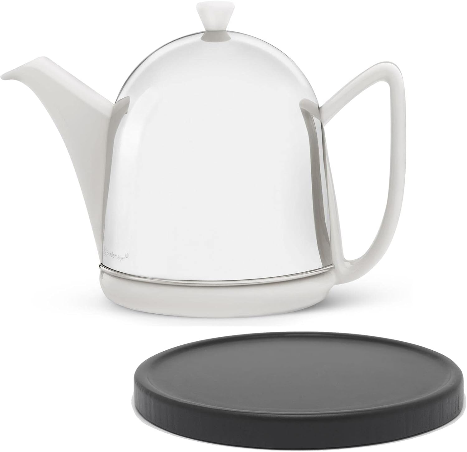 Small White Ceramic Teapot 1 Litre & Tea Maker with Tea Filter Strainer Insert & Stoneware Jug with Stainless Steel Felt Cover & Black Wooden Coaster - for Loose Tea