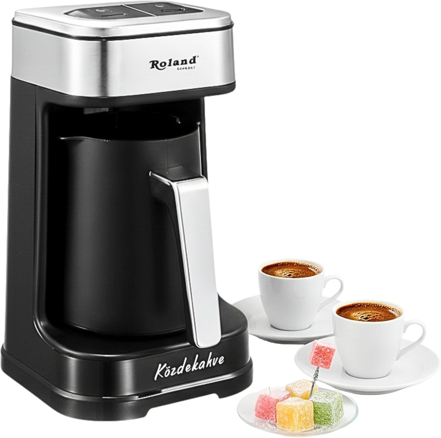 Roland Germany Turkish Coffee Machine, 600 W, Coffee Pot, Slow Cook Technology, 4 Cup Capacity, with Coffee Measuring Spoon, Double Spout, Sound and Light Warning System (1, Black)