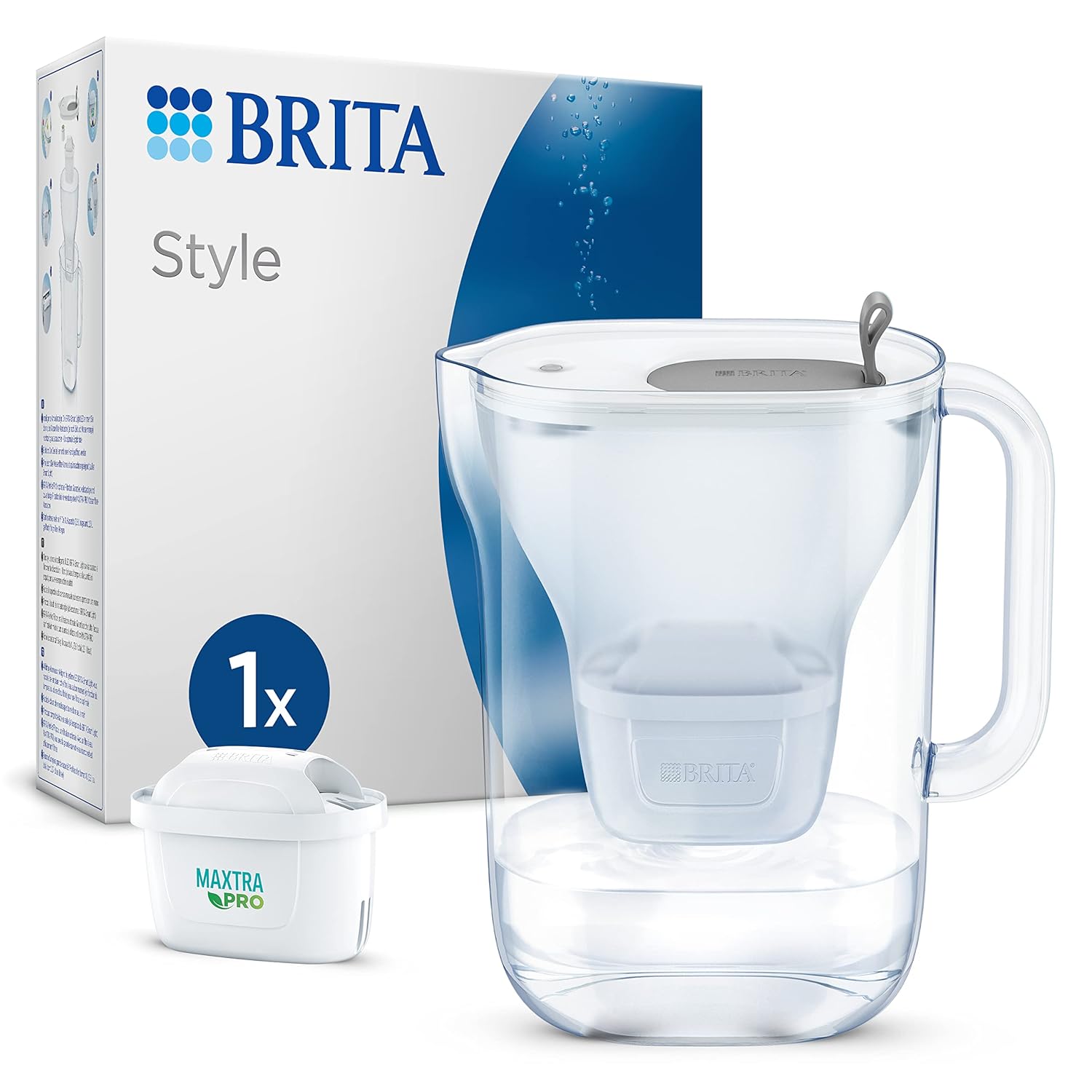 BRITA Style Water Filter Jug Light Gray (2.4 L) Including 1 x Maxtra Pro All-in-1 Cartridge - Water Filter in Modern Design for the Fridge to Reduce Limescale, Chlorine, Metals such as Lead & Copper