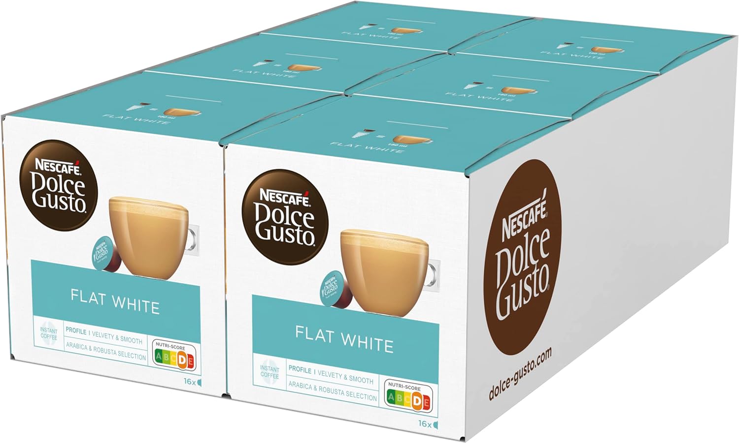NESCAFE DOLCE GUSTO NESCAFÉ Dolce Gusto Flat White, 96 Coffee Capsules, Arabica and Robusta Beans, Creamy Milky Enjoyment, Coffee Creation, Coffee Shop Trend, Aroma Sealed Capsules, Pack of 6 (6 x 16 Capsules)
