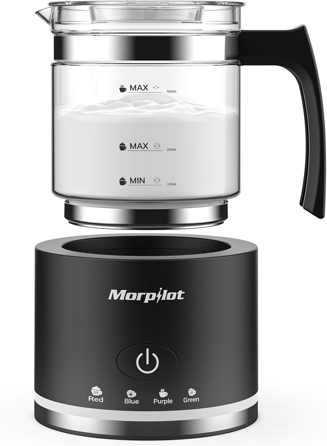 Morpilot Electric Milk Frother, 4-in-1 Milk Frother for Hot and Cold, 600 W, 500 ml, Dishwasher Safe Frother, Latte Design, Visual Glass, Black