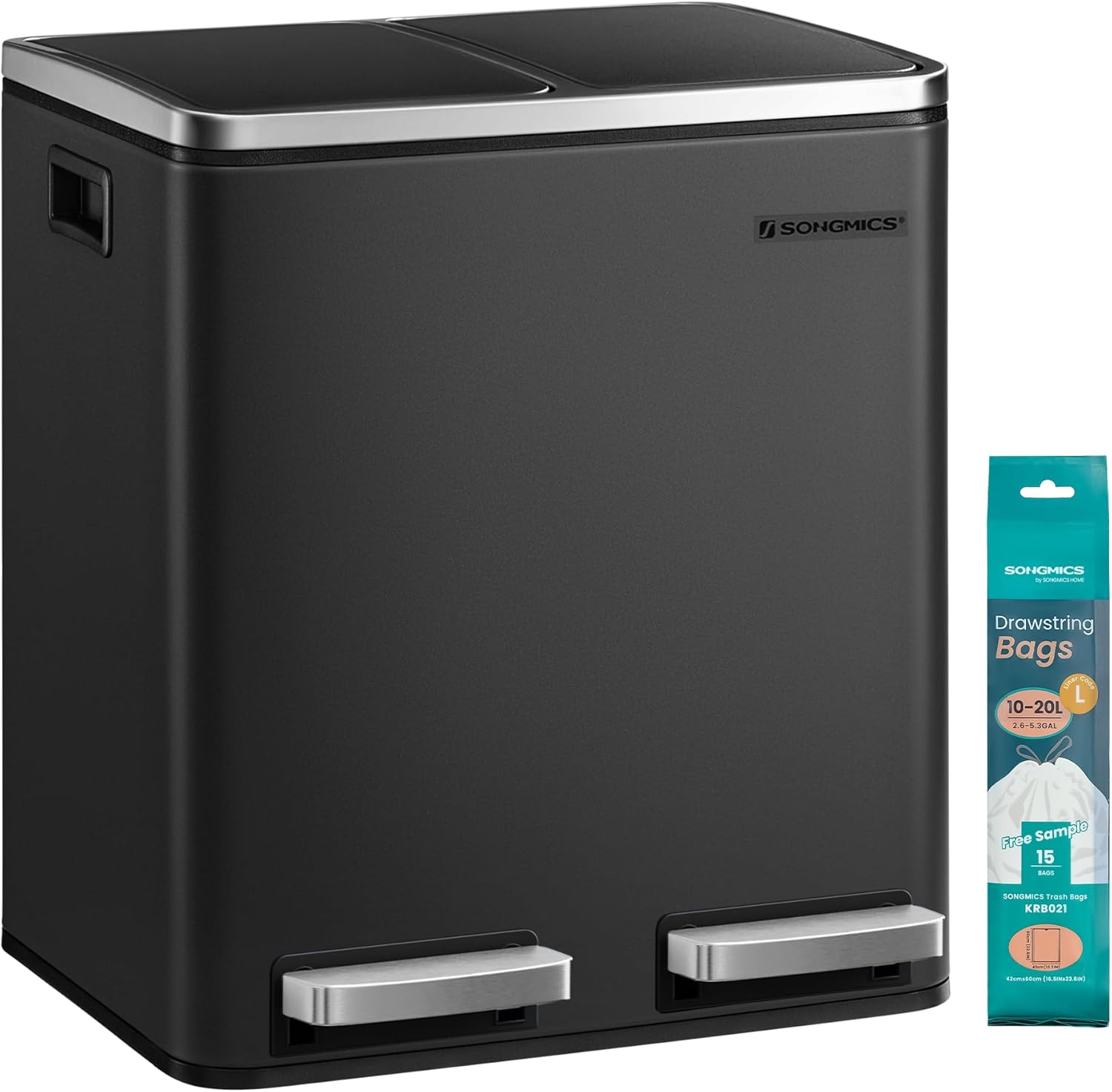 Songmics LTB30H 30 L Waste Separation System with 2 Inner Buckets, Pedal Bin for Kitchen, Stainless Steel, 2 x 15 L