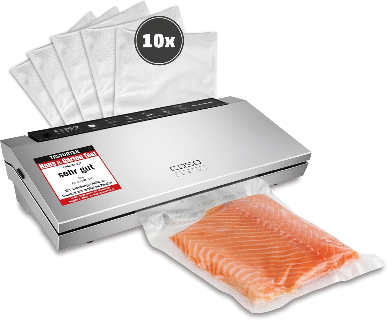 CASO GourmetVAC 280 - Vacuum Sealer - Double Seam - Piston Pump (15L/min) and Powerful Motor - Adjustable Vacuum Strength & Sealing Time - Includes 10 Bags 20 x 30 cm.