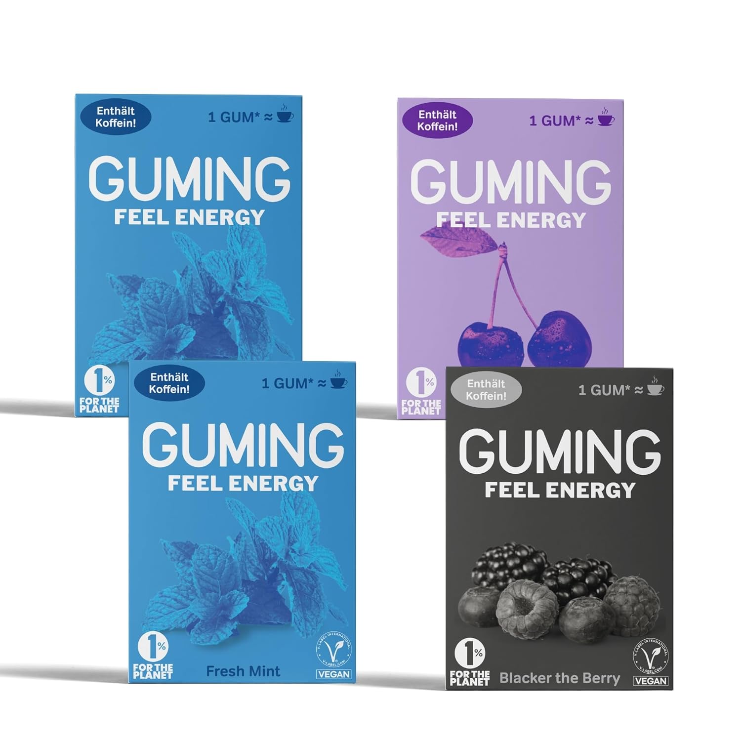 GUMING Store GUMING 40 x Energy Chewing Gum with 60 mg Caffeine/Gum, Guarana, Vitamin C & B6, Vegan, Sugar-Free (40 Pieces, 4 Packs of 10 Gums: Mint, Cherry, Berry)