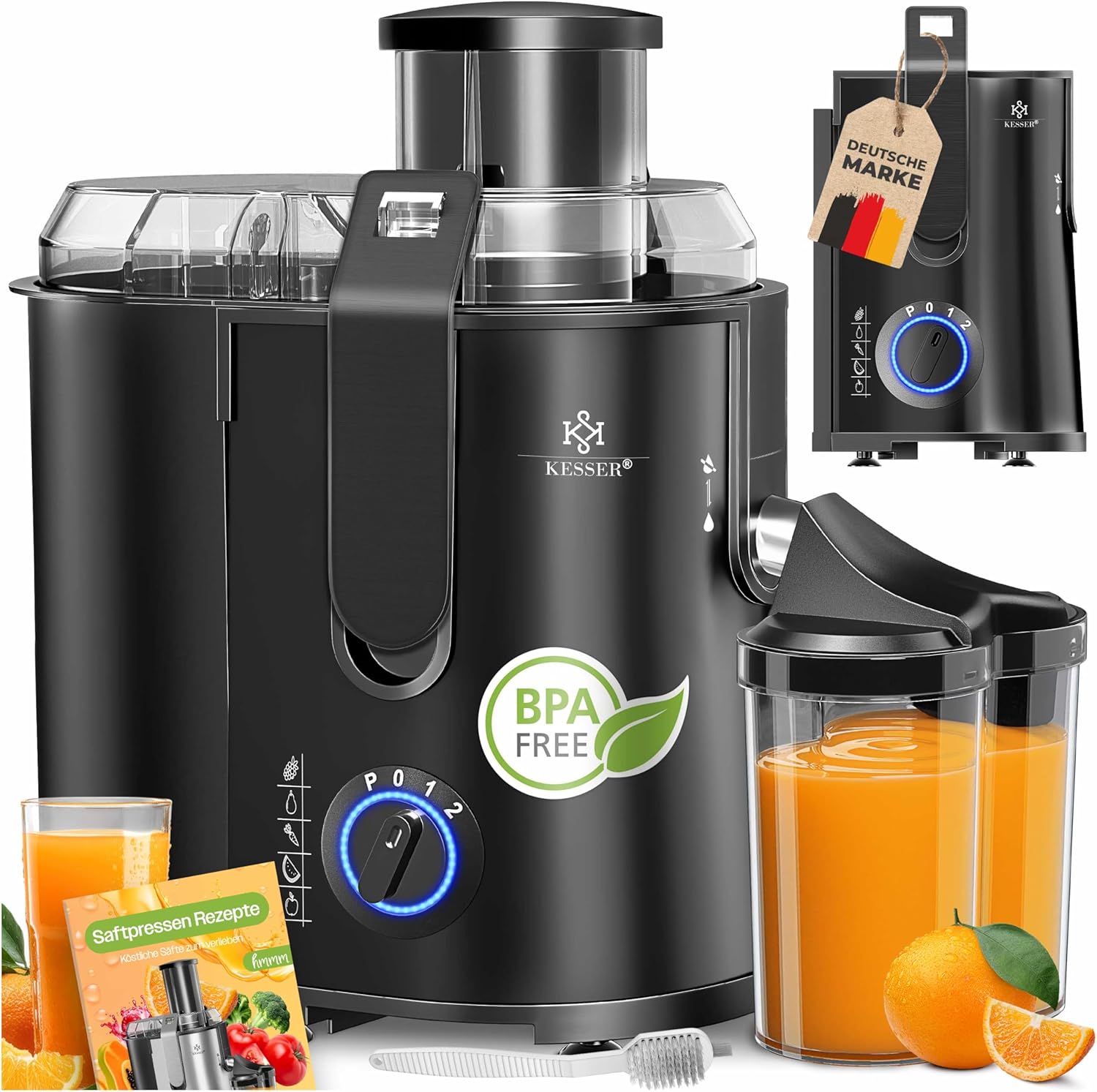 KESSER® juicer for fruit and vegetables made of stainless steel 1100W large 85 mm filling opening incl. Juicer Juicer Cleaning Brush and Juice Container 3 Speed ​​Levels