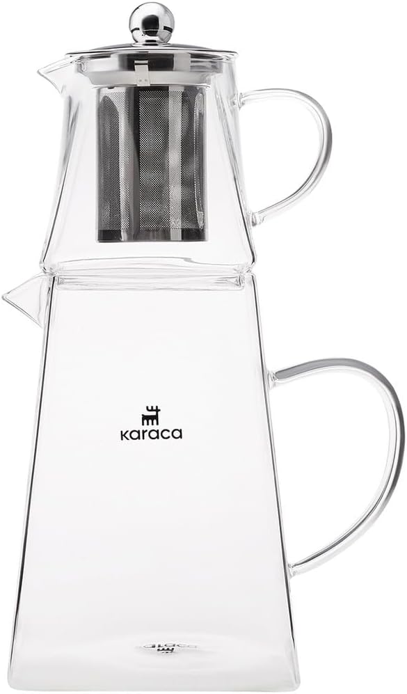 Karaca Giza Glass Teapot with Strainer Insert (1.5 Liters), Transparent Turkish Teapot Glass, Turkish Tea Pot, Caydanlik, Turkish Tea Maker for Loose Tea and Herbal Tea