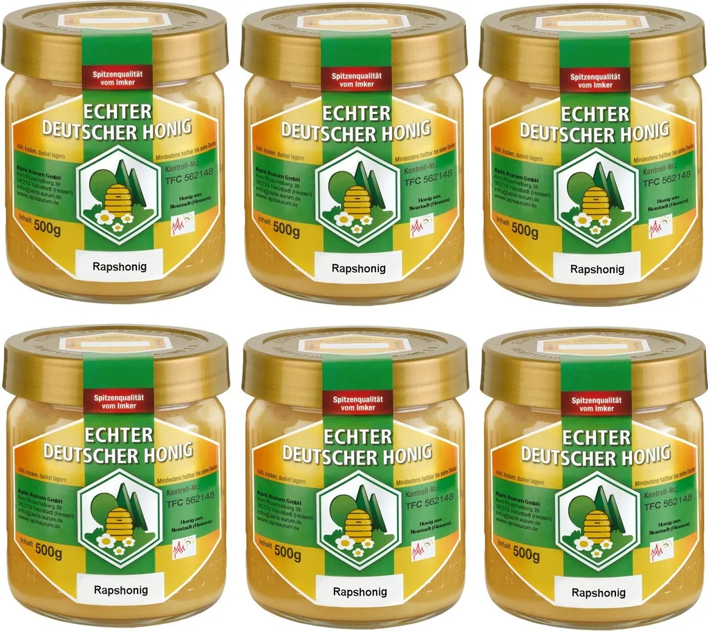 Apis Aurum GmbH Rapeseed honey - Genuine German honey 6x500g from a beekeeper in Neustadt (Hesse) 3000g