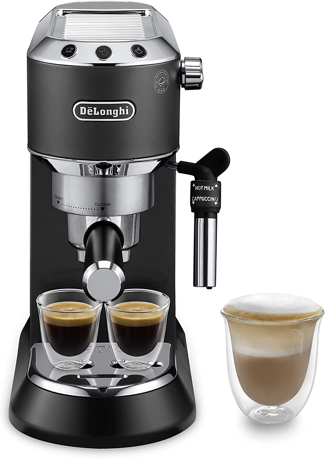 DeLonghi De\'Longhi Dedica Style EC 685.BK Espresso Filter Holder Espresso Machine with Professional Milk Foam Nozzle 15 cm Wide 1 Litre Water Tank Full Metal Casing E.S.E Pads Black